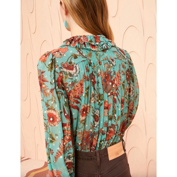 Ulla Johnson Silk-Blend Ruffle Long-Sleeve Floral Pippa Collared Blouse - Picture 6 of 7